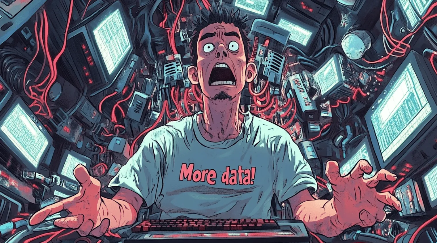 Иллюстрация «More data!» — персонаж в окружении мониторов и кабелей требует больше данных