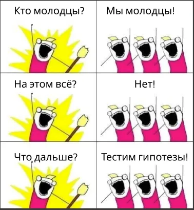 Мем «Кто молодцы? — Мы молодцы! Что дальше? — Тестим гипотезы!»